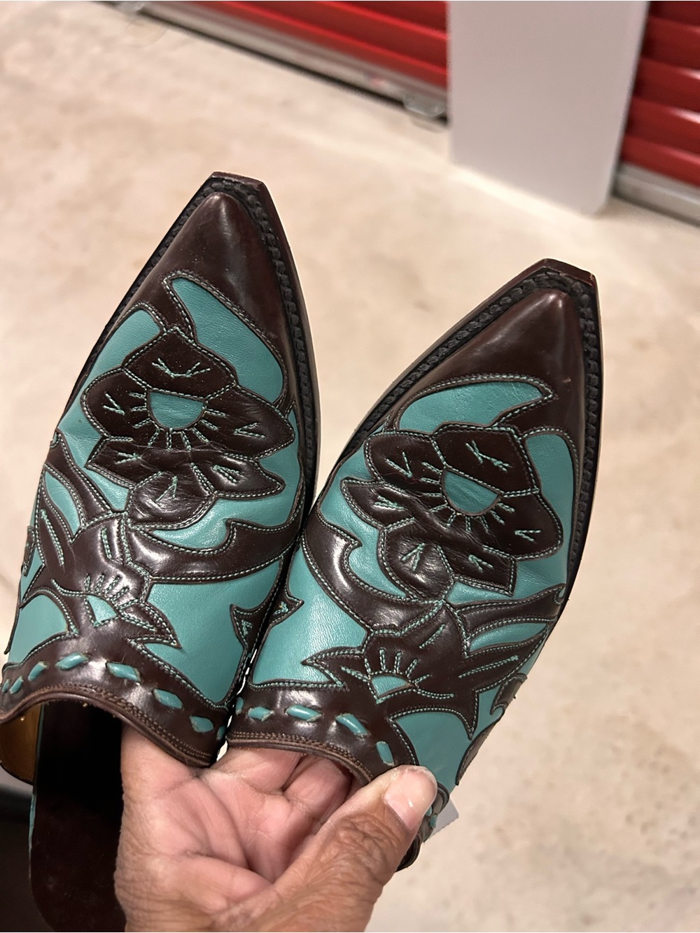 Old Gringo Turquoise and Brown Pointed-Toe Western Mules